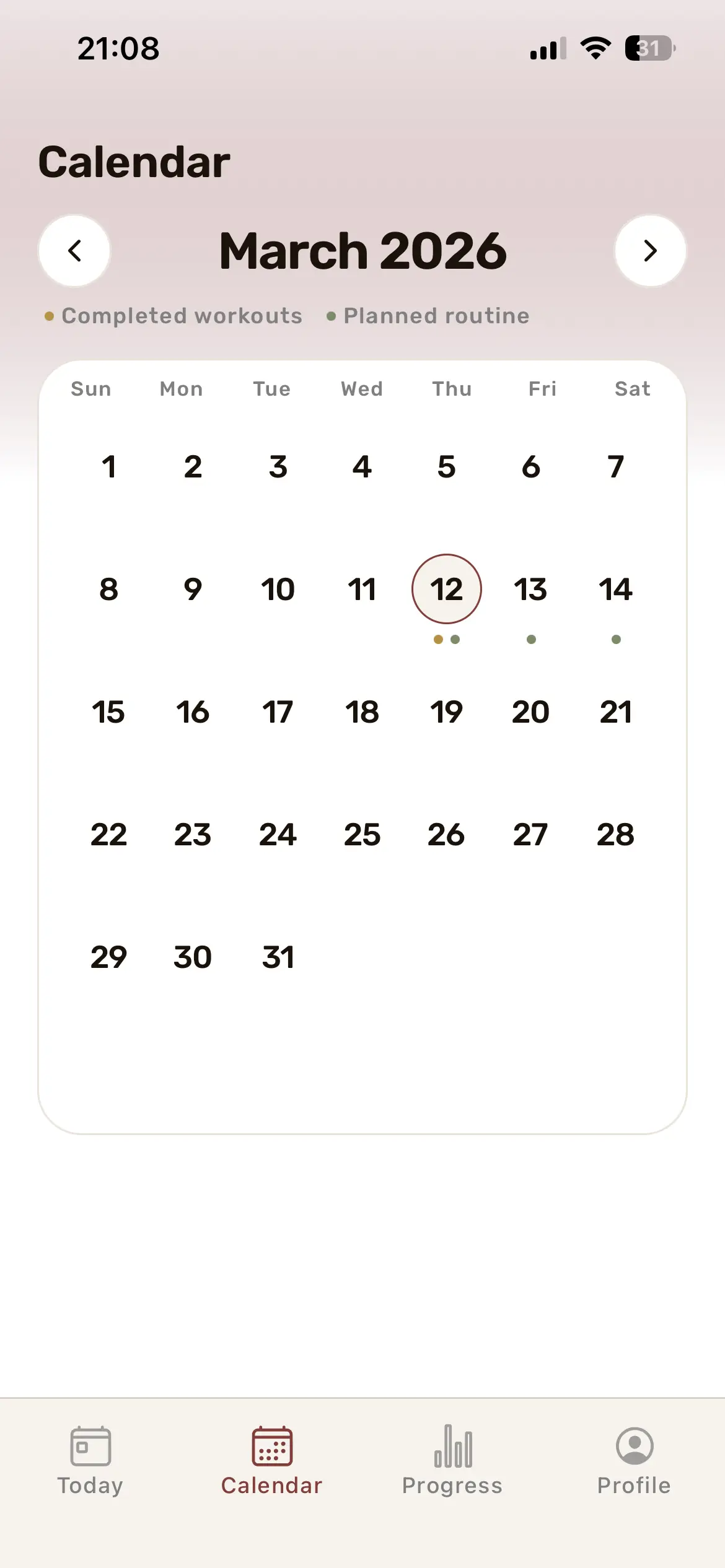Pestaña Calendario de Overflow mostrando una vista mensual con marcadores de planificado y completado.